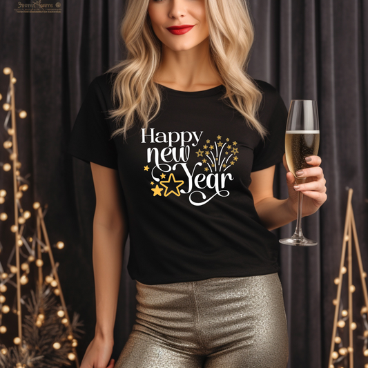 Happy New Year Glitter Stars Party T-Shirt - Festive NYE Unisex Tee