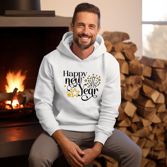 Happy New Year Hoodie with Gold Stars and Fireworks