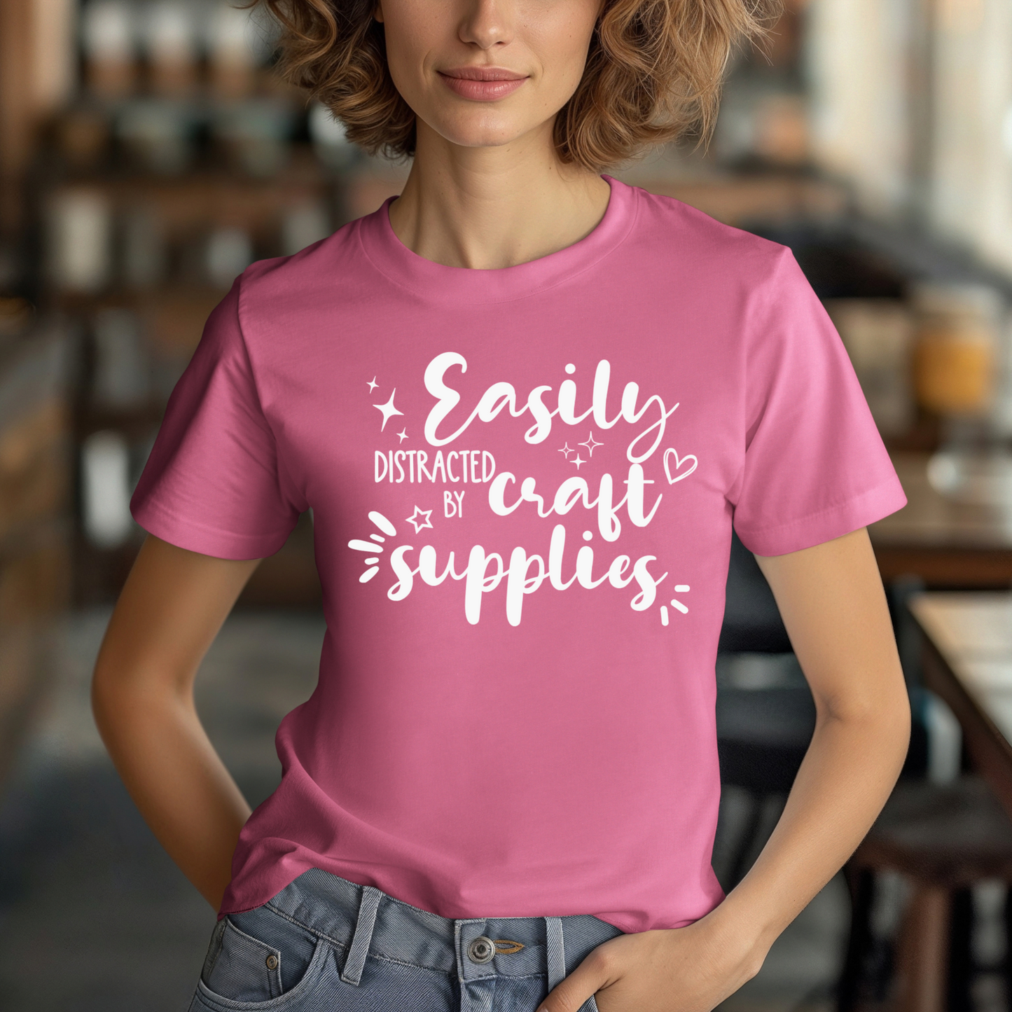 Easily Distracted by Craft Supplies T-Shirt: Fun & Cute Crafter Tee for Women, Men, and Craft Enthusiasts