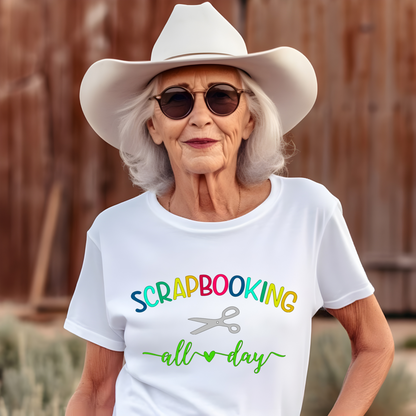 Scrapbooking All Day T-Shirt with Rainbow Text for Crafters