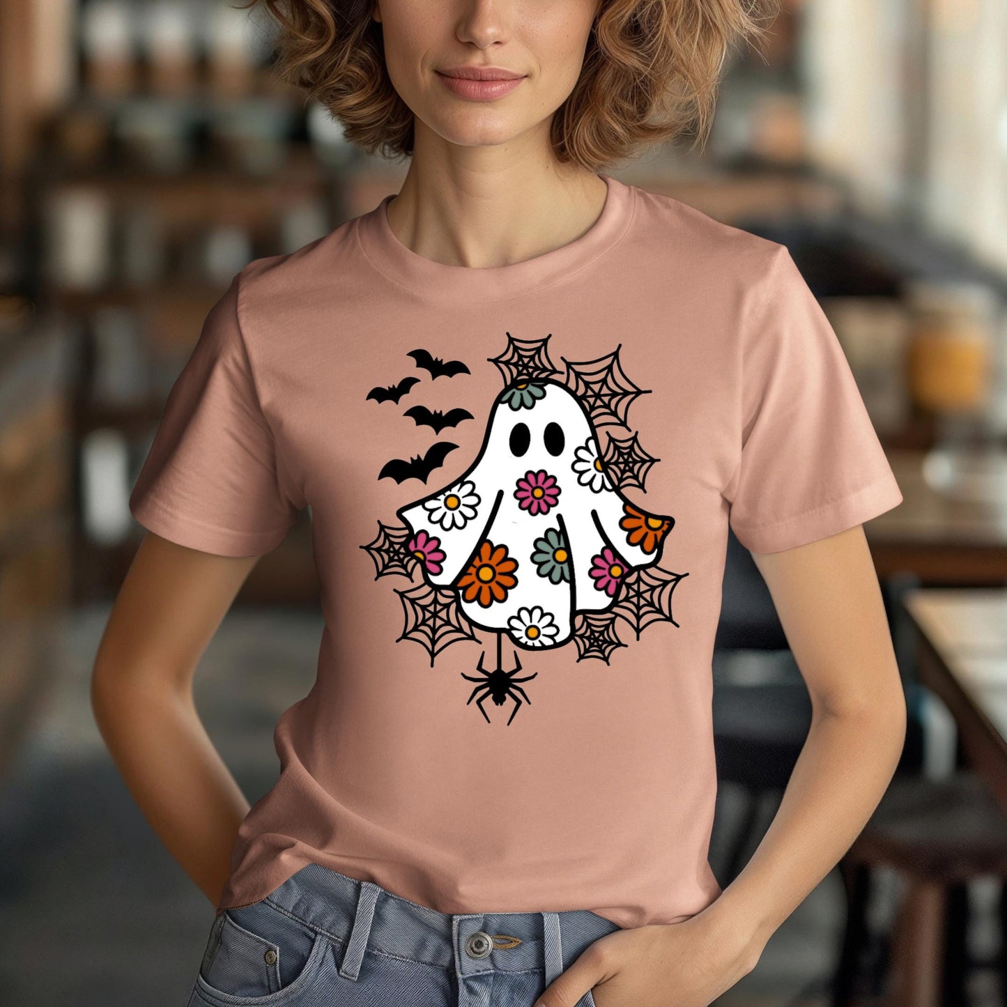 Spooky Floral Pastel Ghost T-Shirt for Halloween, Cute, Adorable, Women, Soft, Whimsical, Trendy, Cotton, Bats, Spiders