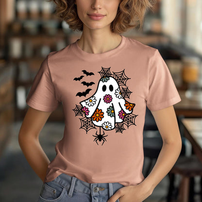 Spooky Floral Pastel Ghost T-Shirt for Halloween, Cute, Adorable, Women, Soft, Whimsical, Trendy, Cotton, Bats, Spiders