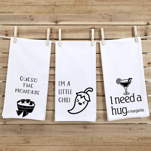 Funny Tea Towels, Set of 3, Flour Sack Towels- Mexican Theme, Gift Set, Chili, Queso, Margarita