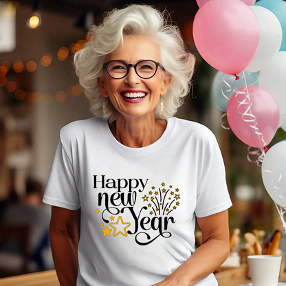 Happy New Year Glitter Stars Party T-Shirt - Festive NYE Unisex Tee