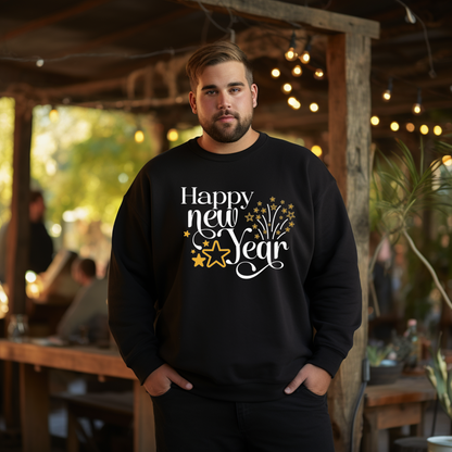 Happy New Year Sweatshirt with Gold Stars and Fireworks