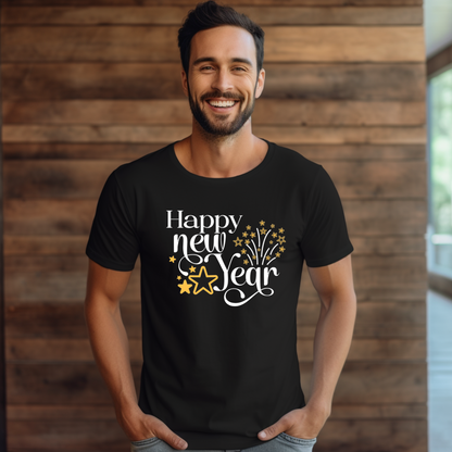 Happy New Year Glitter Stars Party T-Shirt - Festive NYE Unisex Tee