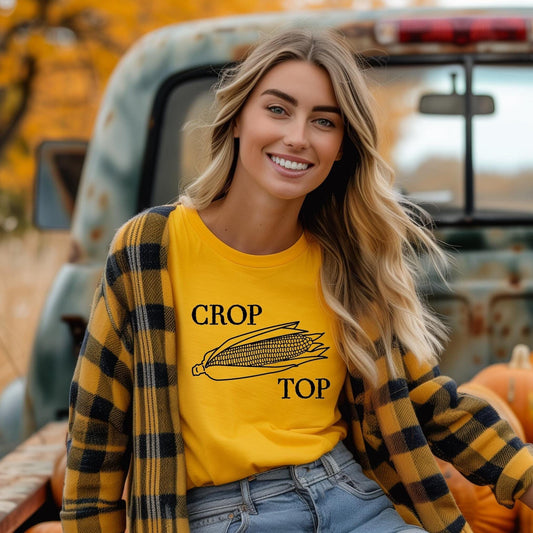 Corn Crop Top T-Shirt: Funny and Cute Fall Tee for Harvest & Thanksgiving – Gender-Neutral