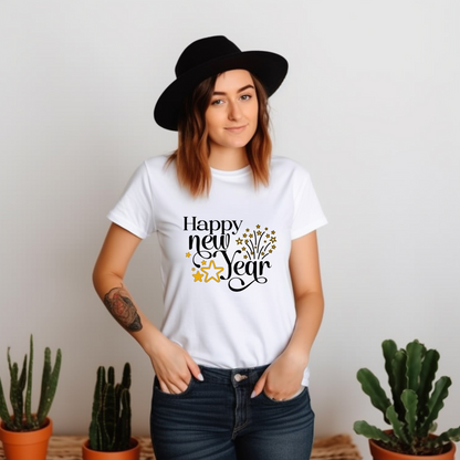 Happy New Year Glitter Stars Party T-Shirt - Festive NYE Unisex Tee