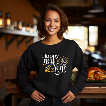 Happy New Year Sweatshirt with Gold Stars and Fireworks