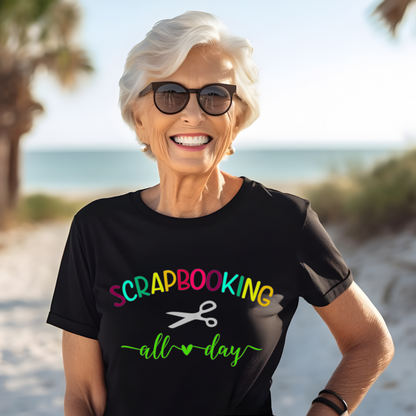 Scrapbooking All Day T-Shirt with Rainbow Text for Crafters