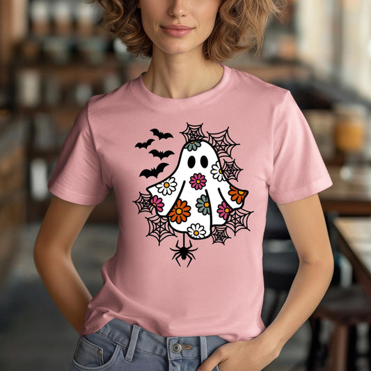 Spooky Floral Pastel Ghost T-Shirt for Halloween, Cute, Adorable, Women, Soft, Whimsical, Trendy, Cotton, Bats, Spiders