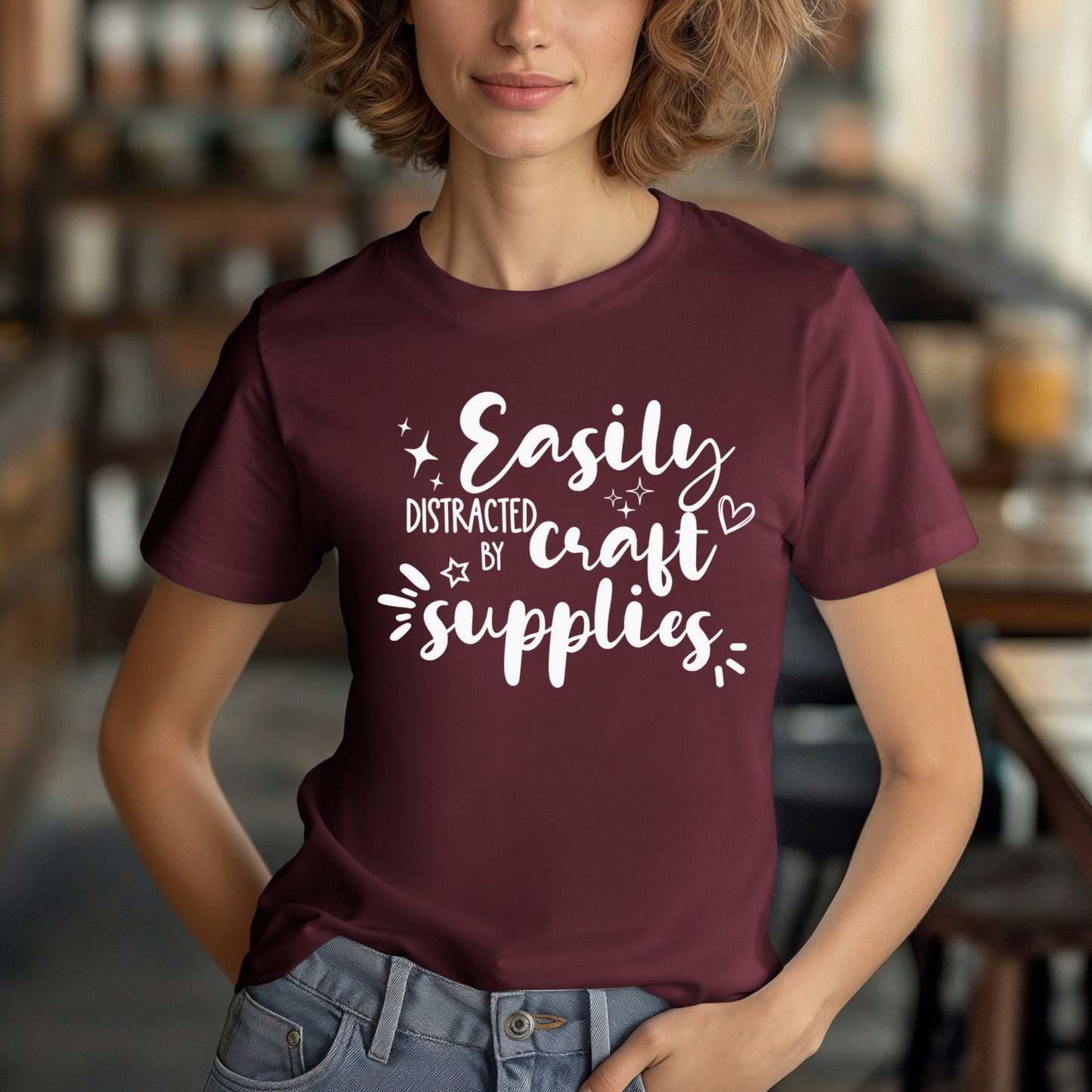 Easily Distracted by Craft Supplies T-Shirt: Fun & Cute Crafter Tee for Women, Men, and Craft Enthusiasts