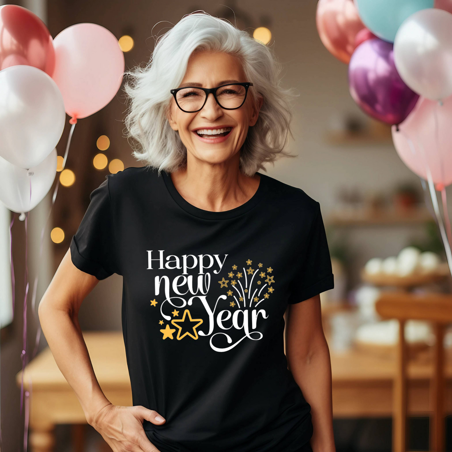 Happy New Year Glitter Stars Party T-Shirt - Festive NYE Unisex Tee