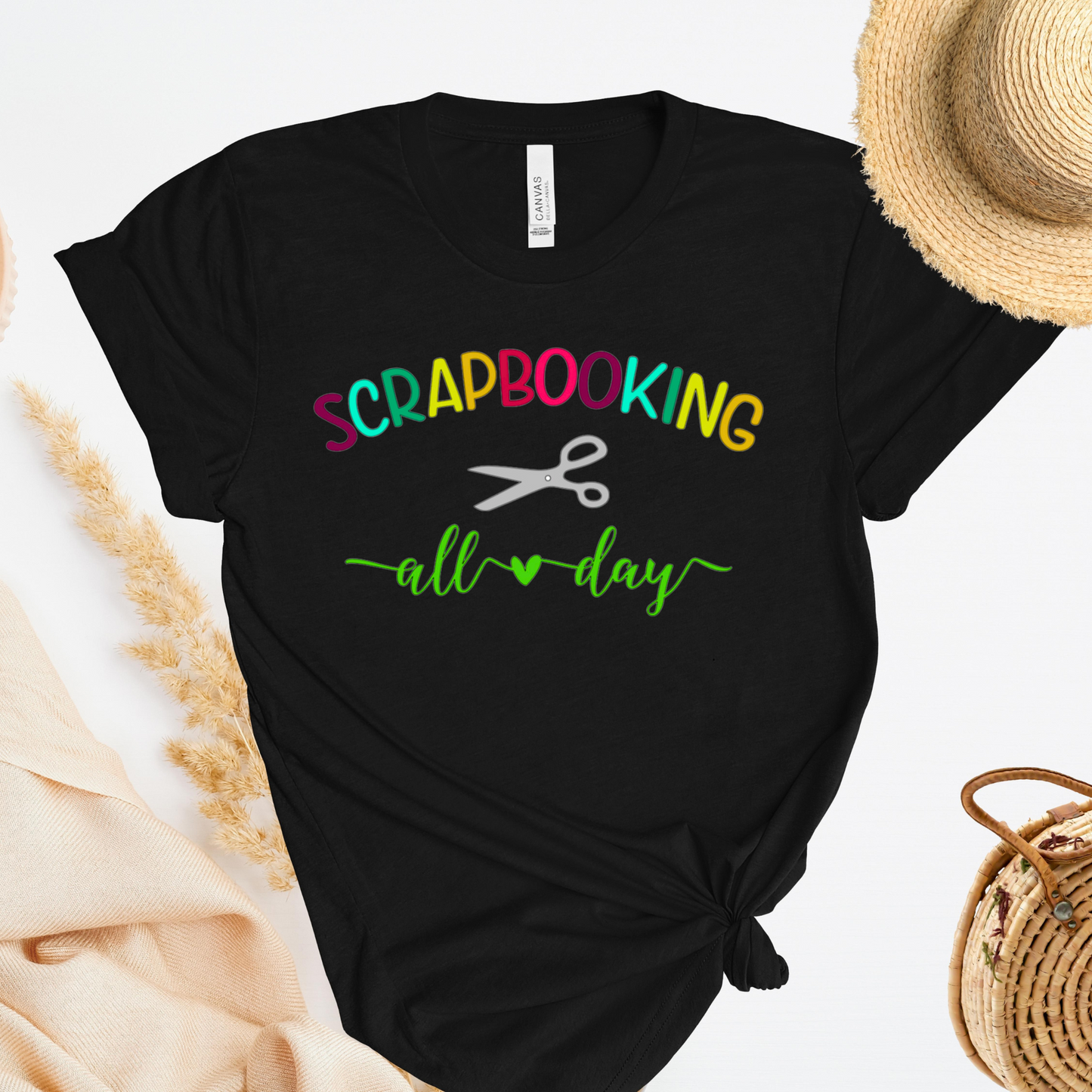 Scrapbooking All Day T-Shirt with Rainbow Text for Crafters