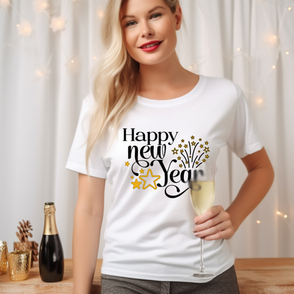 Happy New Year Glitter Stars Party T-Shirt - Festive NYE Unisex Tee