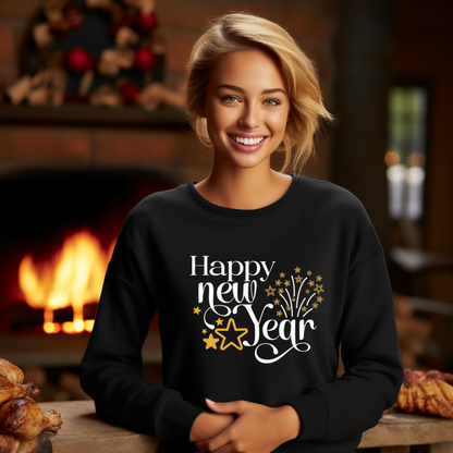 Happy New Year Sweatshirt with Gold Stars and Fireworks