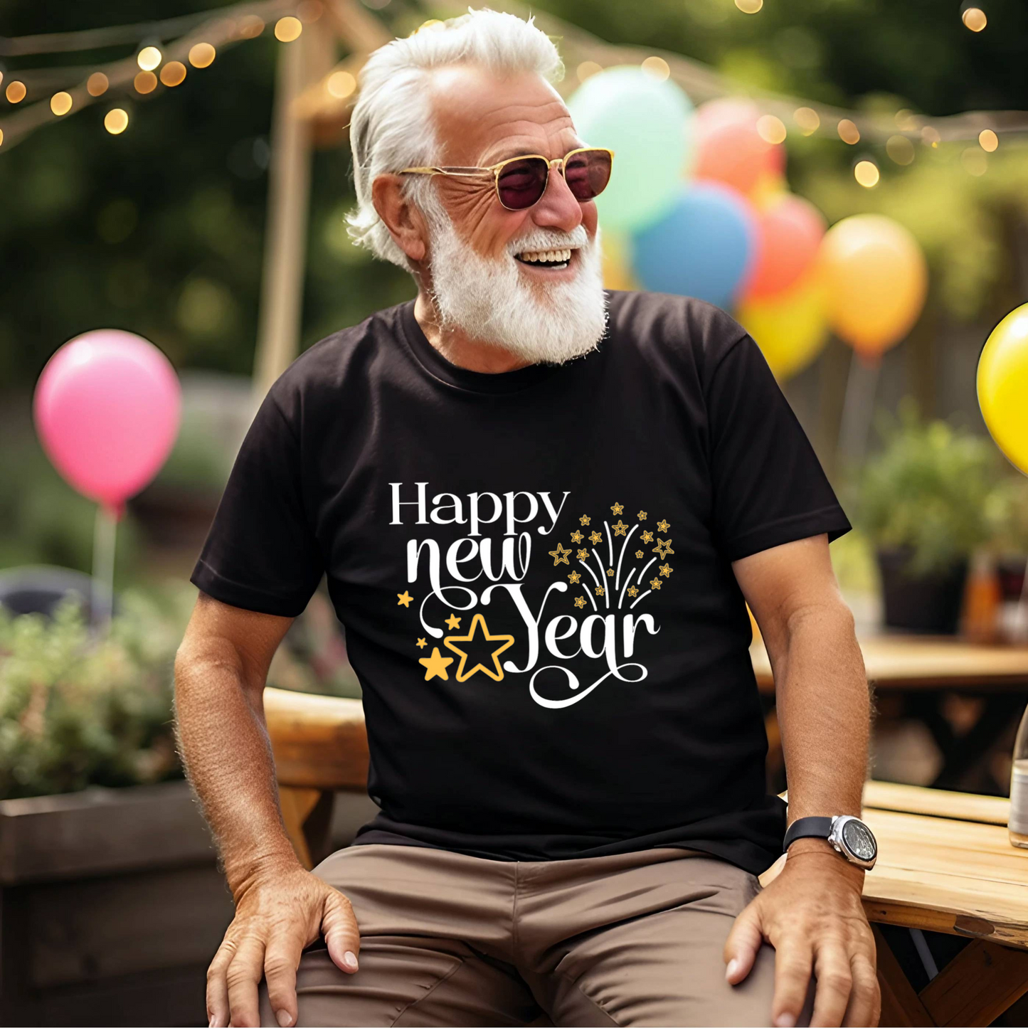 Happy New Year Glitter Stars Party T-Shirt - Festive NYE Unisex Tee