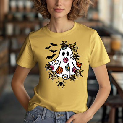 Spooky Floral Pastel Ghost T-Shirt for Halloween, Cute, Adorable, Women, Soft, Whimsical, Trendy, Cotton, Bats, Spiders