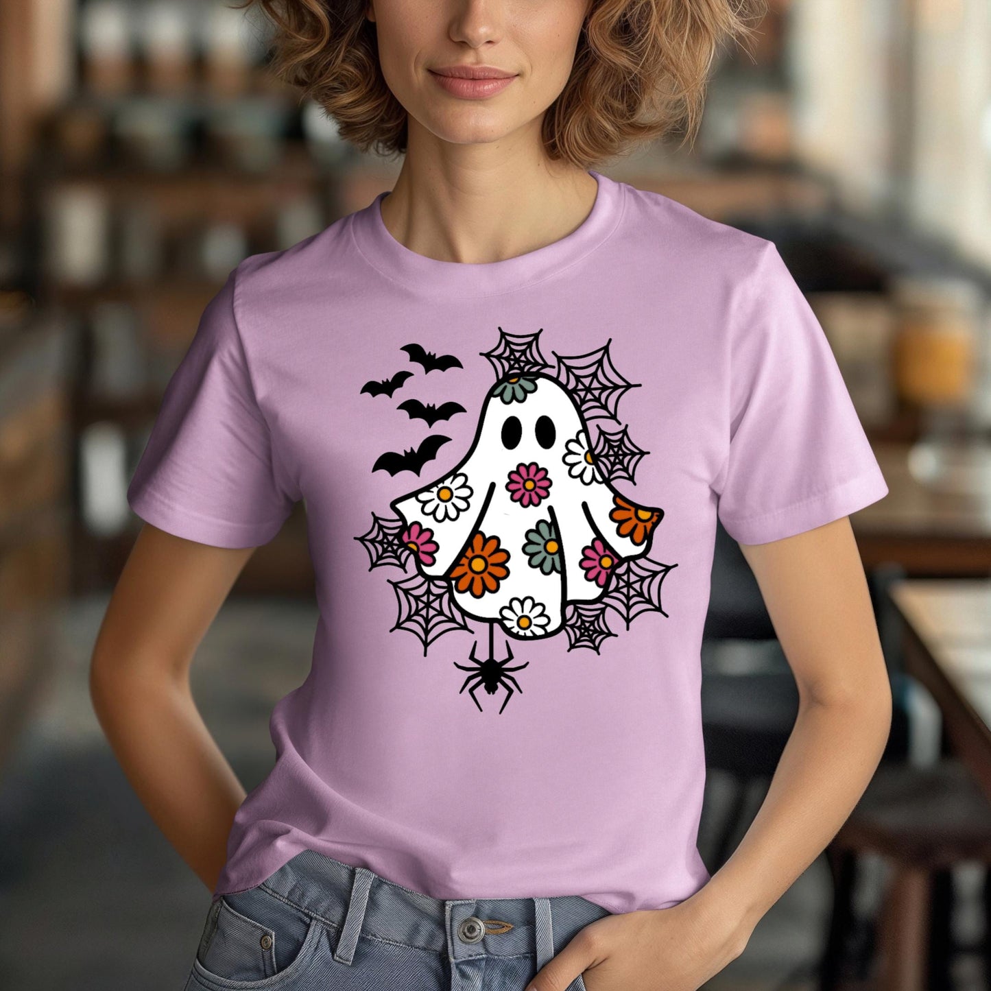 Spooky Floral Pastel Ghost T-Shirt for Halloween, Cute, Adorable, Women, Soft, Whimsical, Trendy, Cotton, Bats, Spiders