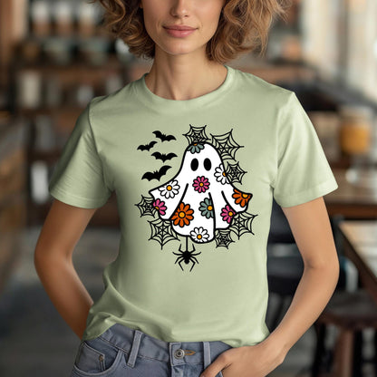 Spooky Floral Pastel Ghost T-Shirt for Halloween, Cute, Adorable, Women, Soft, Whimsical, Trendy, Cotton, Bats, Spiders