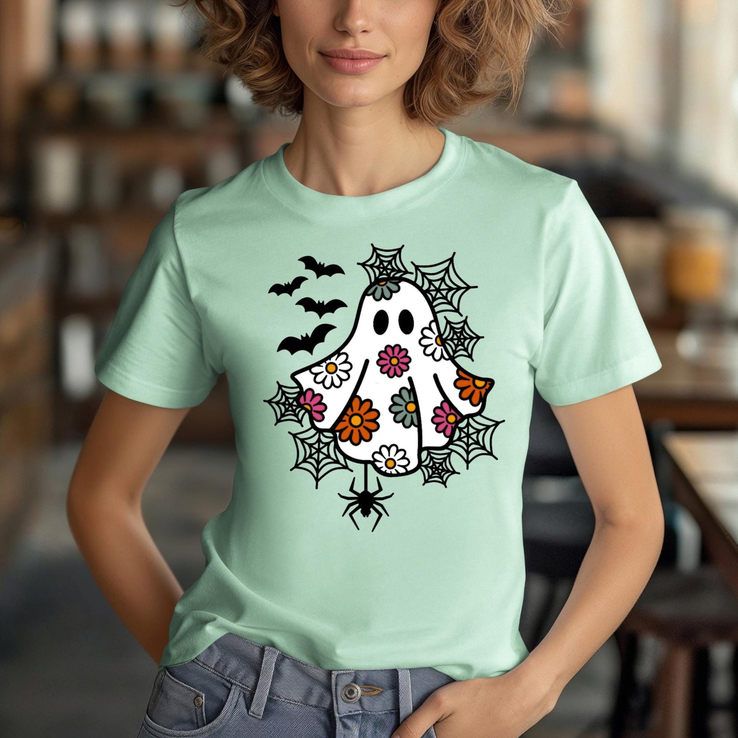 Spooky Floral Pastel Ghost T-Shirt for Halloween, Cute, Adorable, Women, Soft, Whimsical, Trendy, Cotton, Bats, Spiders