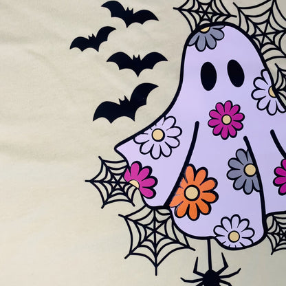 Spooky Floral Pastel Ghost T-Shirt for Halloween, Cute, Adorable, Women, Soft, Whimsical, Trendy, Cotton, Bats, Spiders